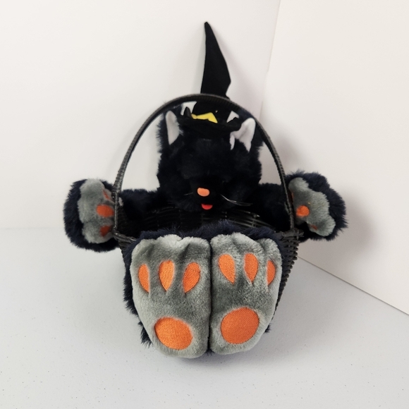 Vintage Tisket Tasket Basket Halloween Plush Black Cat Basket Stuffed Toy Spooky - Picture 1 of 11